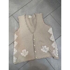 Yeva Story Beige Knit Sweater Vest Lace Crochet Button Front Sleeveless Cardigan